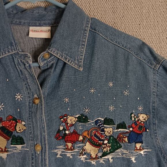 Bobbie Brooks Vintage Denim Shirt Womens Size M Blue X-Mas Bears Embroidered - Picture 6 of 15